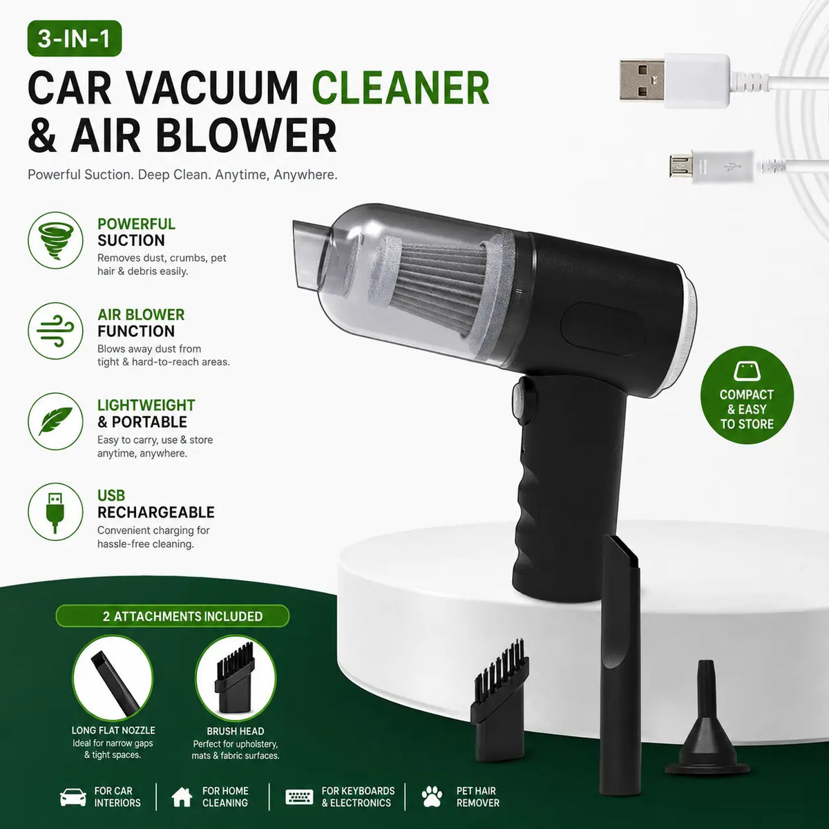 Portable Car Vacuum Cleaner & Air Blower 3-in-1 | مكنسة سيارة محمولة ومنفاخ هواء 3 في 1 zambeel